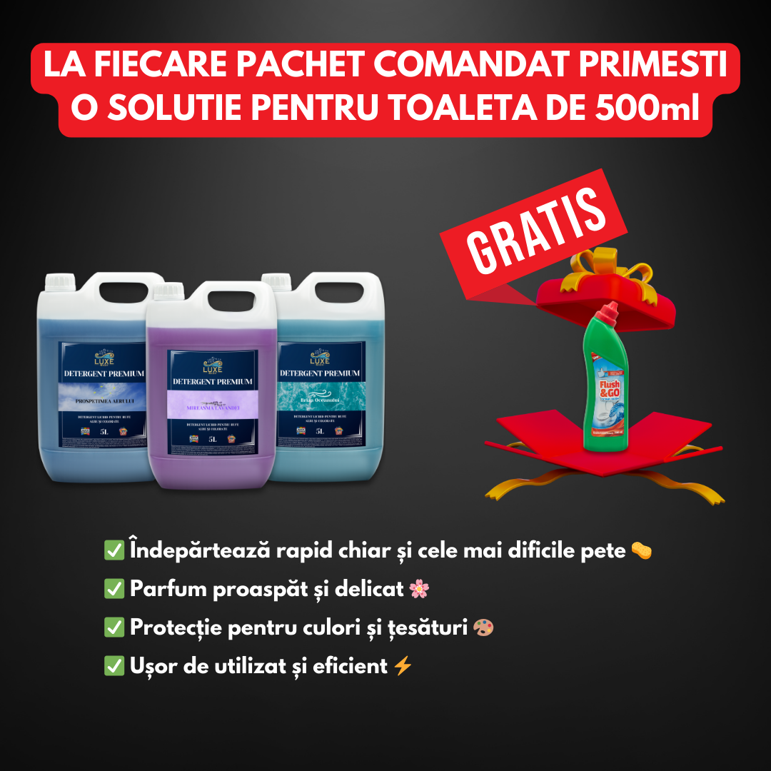 Oferta cu pachet de 3 detergenti la 5 litri și un detergent de toaleta cadou